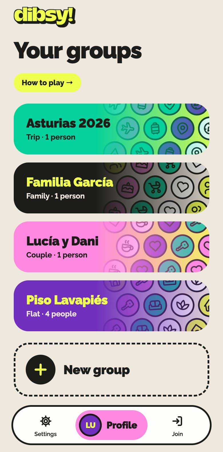 Group list in the dibsy! app